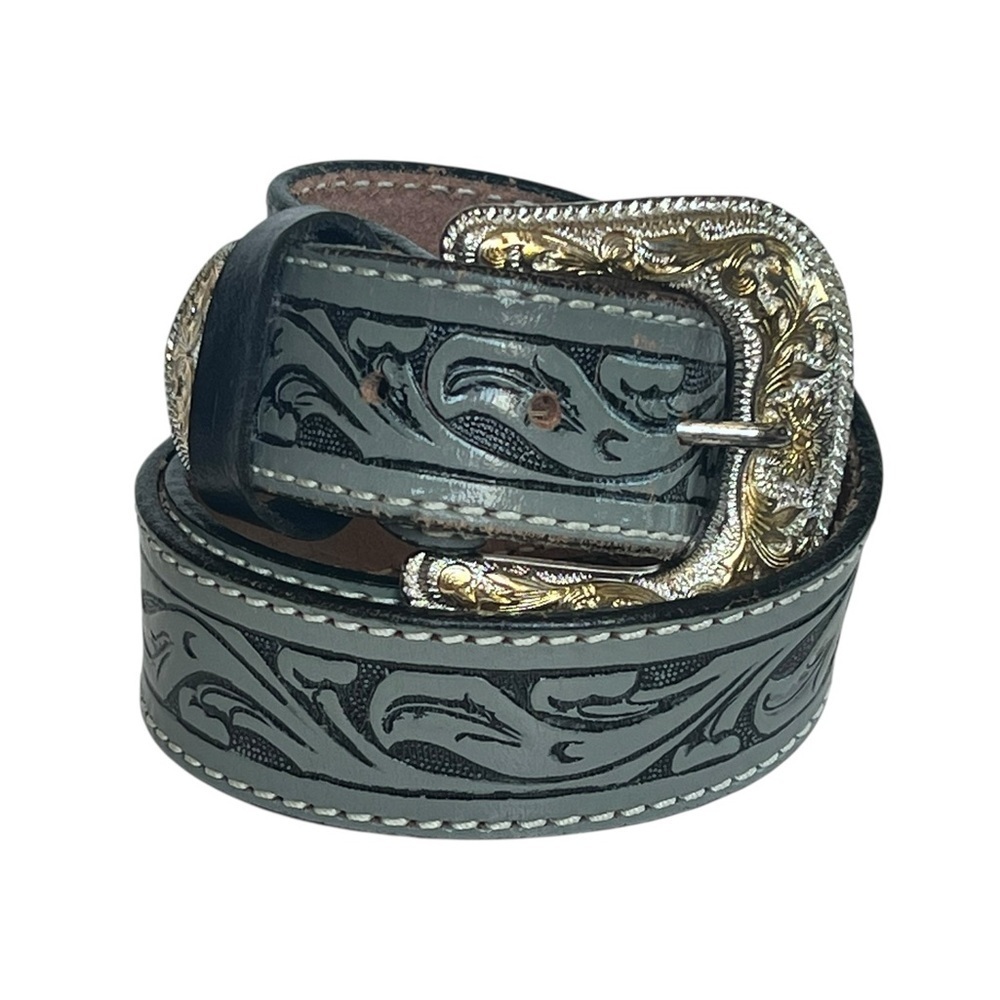 Grey Tooled Genuine Full Grain Cowhide Leather Western Belt Ornate Buckle 42